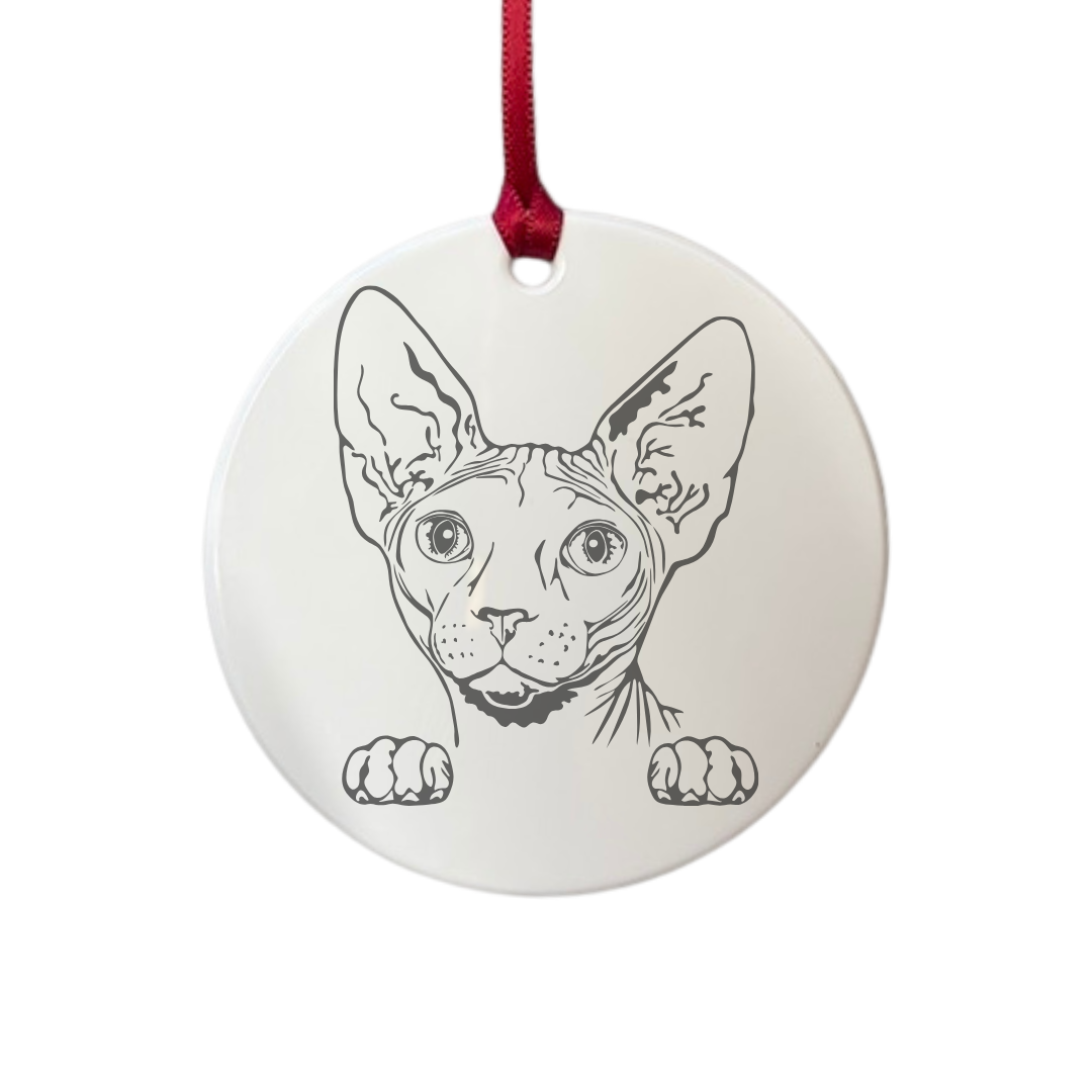 Personalised Sphynx Cat Face Engraved White Acrylic Decoration