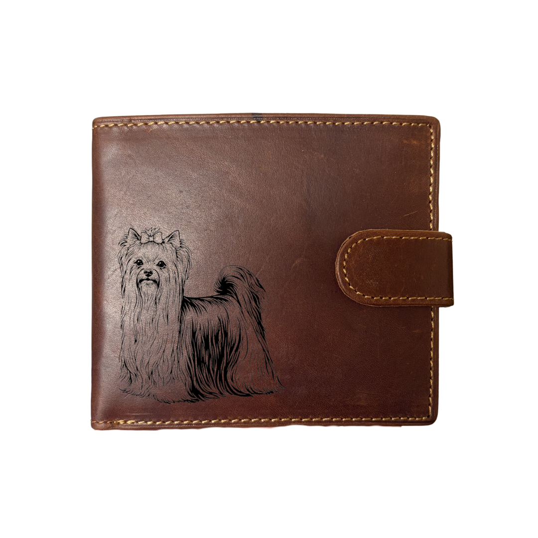 Personalised Yorkshire Terrier Standing Engraved Dark Tan Genuine Leather Wallet