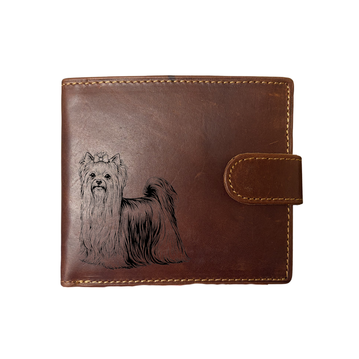 Personalised Yorkshire Terrier Standing Engraved Dark Tan Genuine Leather Wallet
