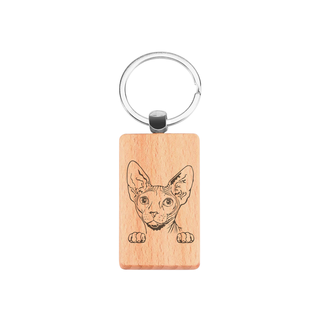 Sphynx Cat Face Engraved Rectangle Wooden Keyring