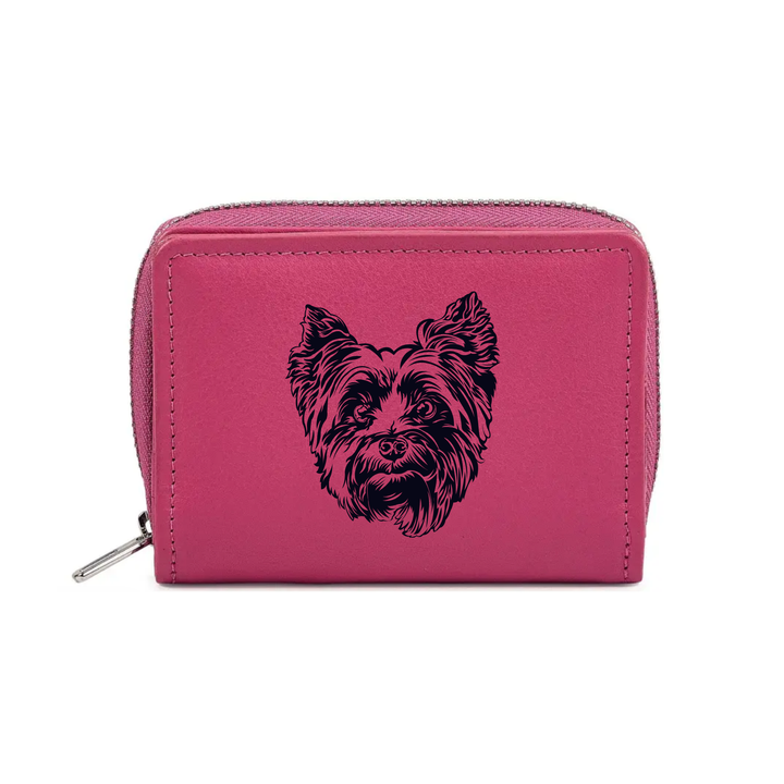 Yorkshire Terrier Face Engraved Small Leather Purse (Green/Pink/Blue/Red)