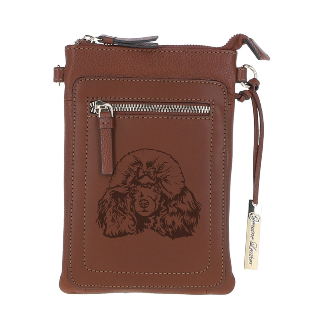Personalised Poodle 2 Face Engraved Leather Crossbody Smart Phone Bag