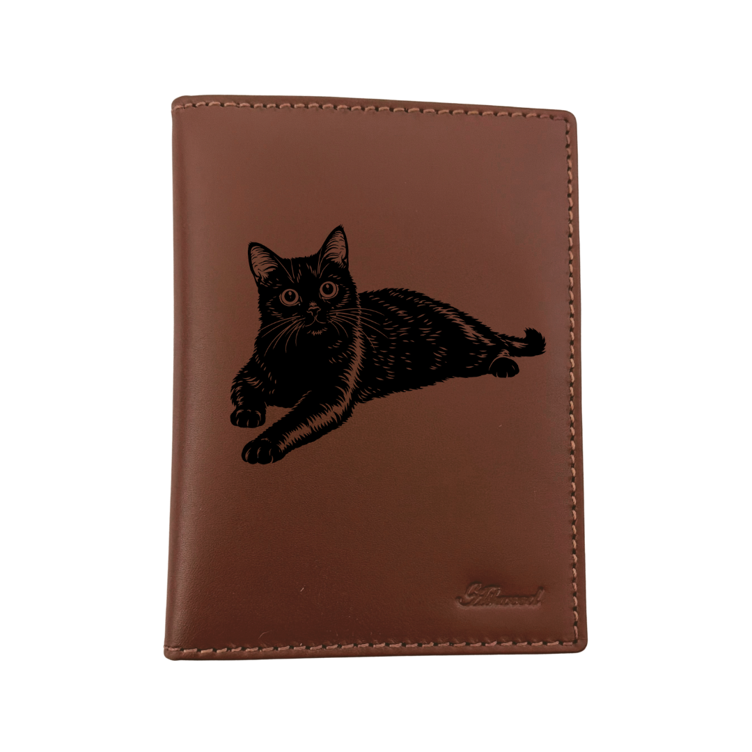 Black Cat LD Engraved Leather Passport Cover