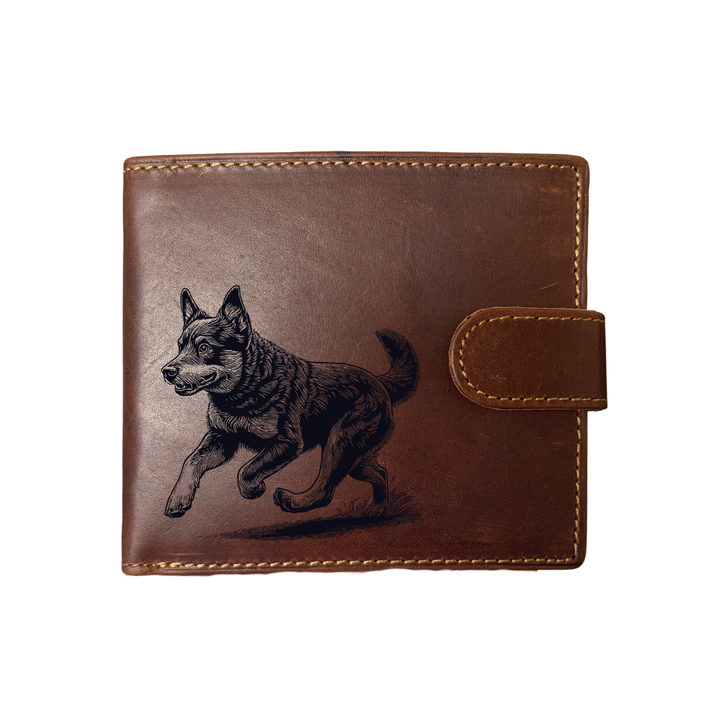 Personalised Lancashire Heeler Running Engraved Dark Tan Genuine Leather Wallet