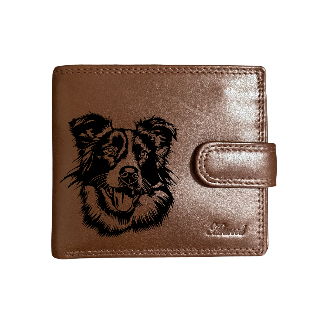 Personalised Border Collie Face Engraved Dark Tan Genuine Leather Wallet