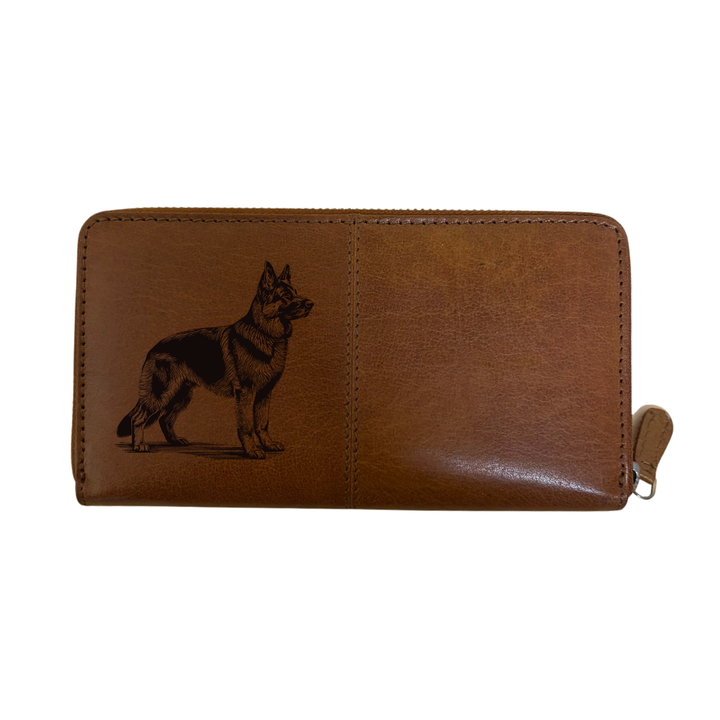 German Shepherd Alsatian Standing Engraved Large Leather Purse