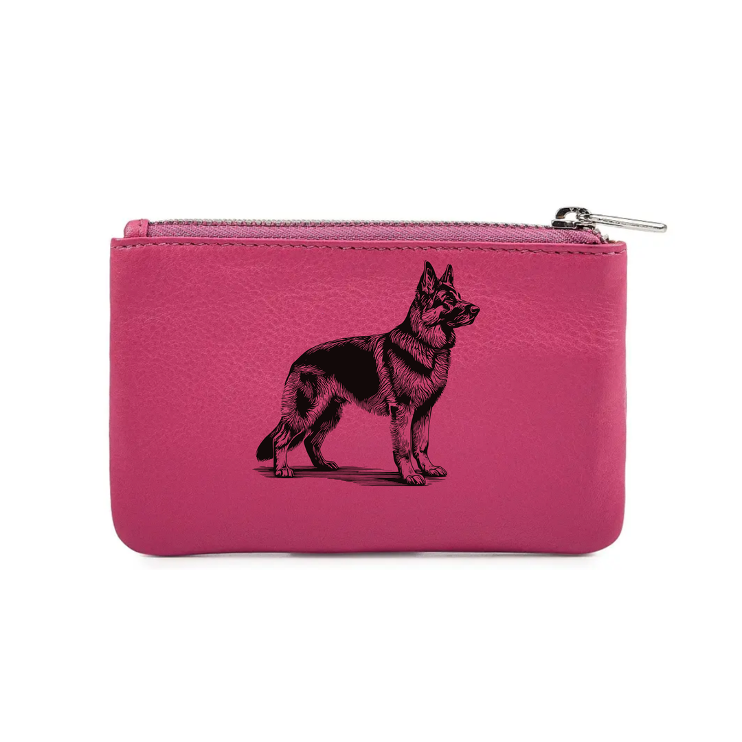 German Shepherd Alsatian Standing Engraved Genuine Leather Coin Purse (Multiple Colour Options)