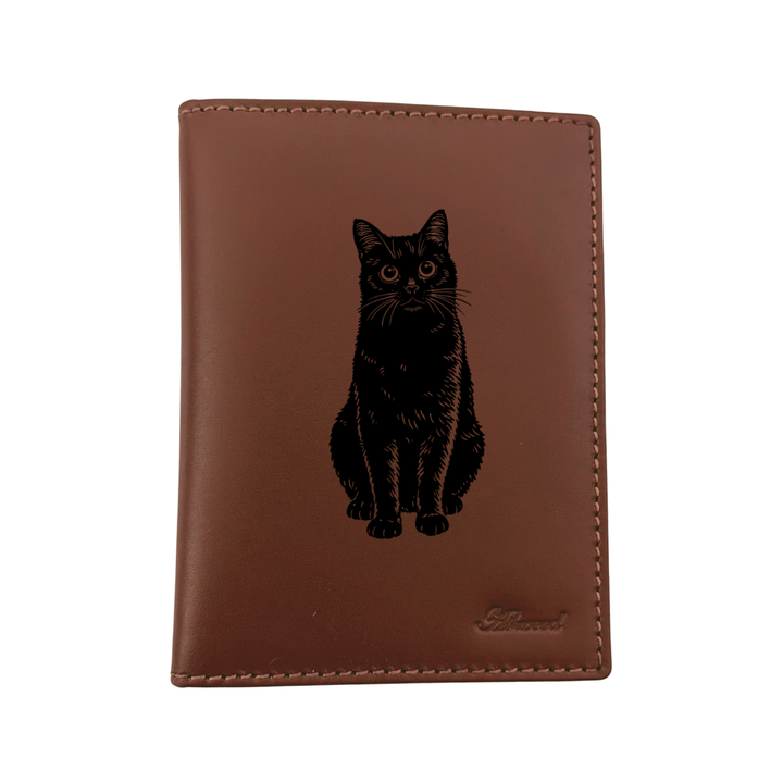 Black Cat Sitting Engraved Leather Passport Cover