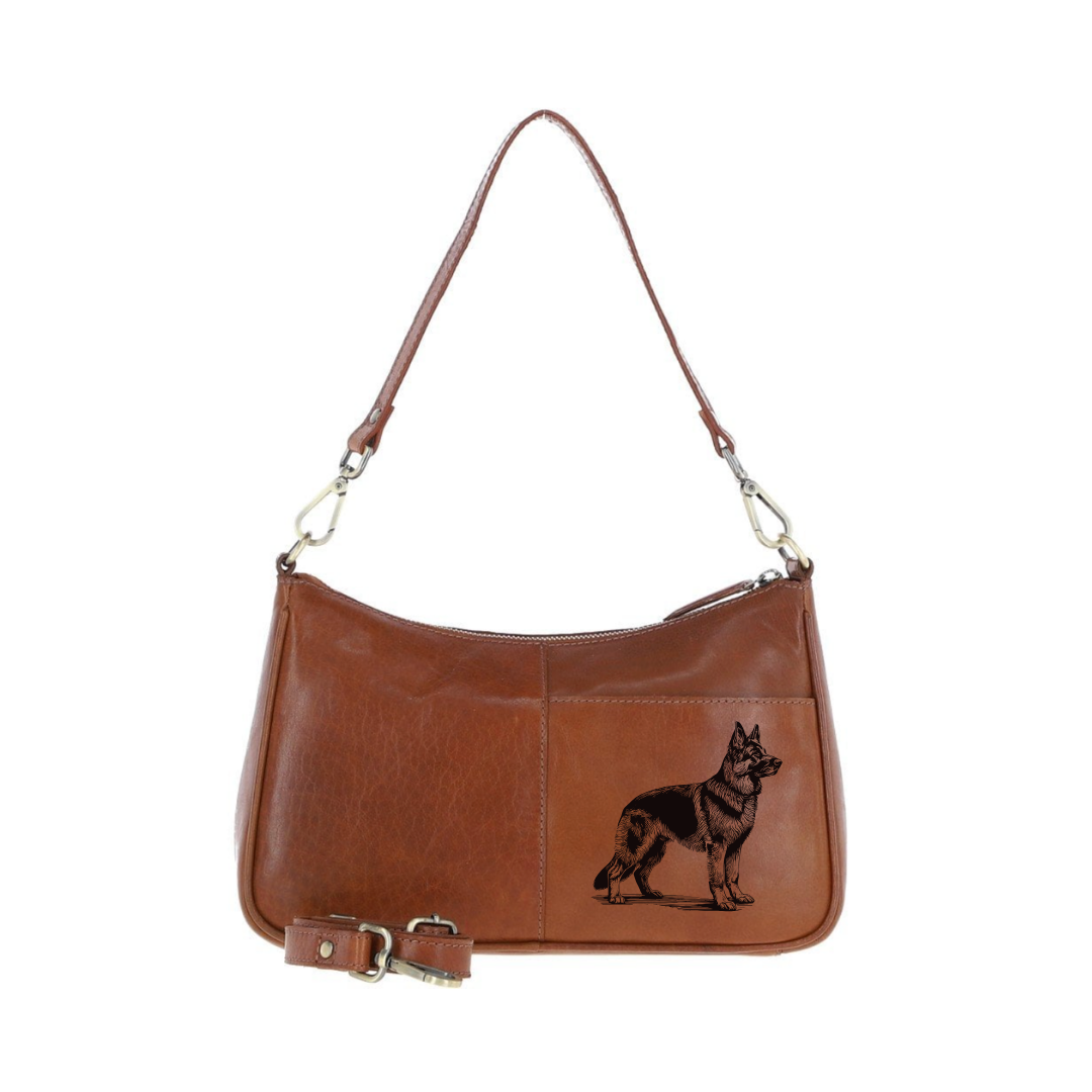 German Shepherd Standing Engraved Genuine Leather Shoulder Bag