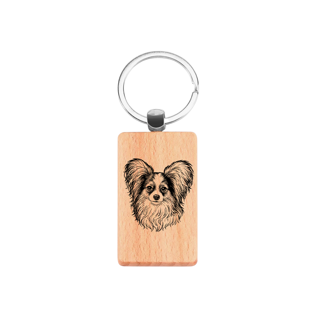 Papillon Face Engraved Rectangle Wooden Keyring
