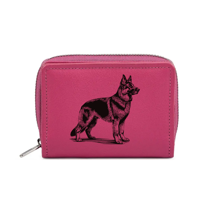 German Shepherd Standing Engraved Small Leather Purse (Green/Pink/Blue/Red)