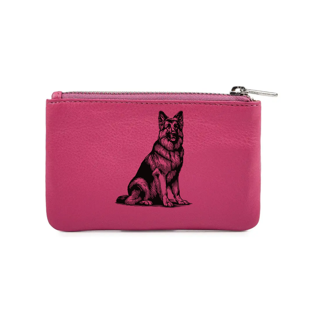 German Shepherd Alsatian Sitting Engraved Genuine Leather Coin Purse (Multiple Colour Options)