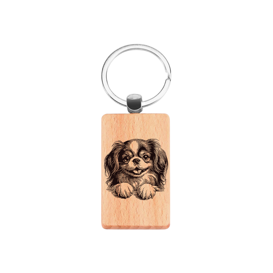 Japanese Chin Paws Engraved Rectangle Wooden Keyring