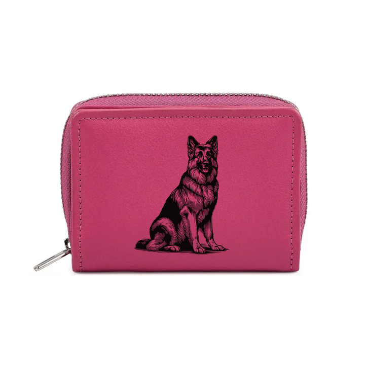 German Shepherd Sitting Engraved Small Leather Purse (Green/Pink/Blue/Red)
