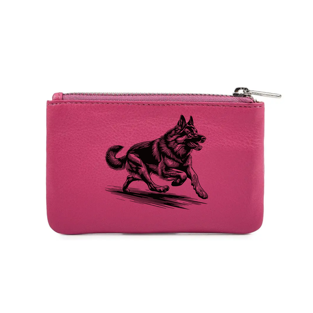 German Shepherd Alsatian Running Engraved Genuine Leather Coin Purse (Multiple Colour Options)