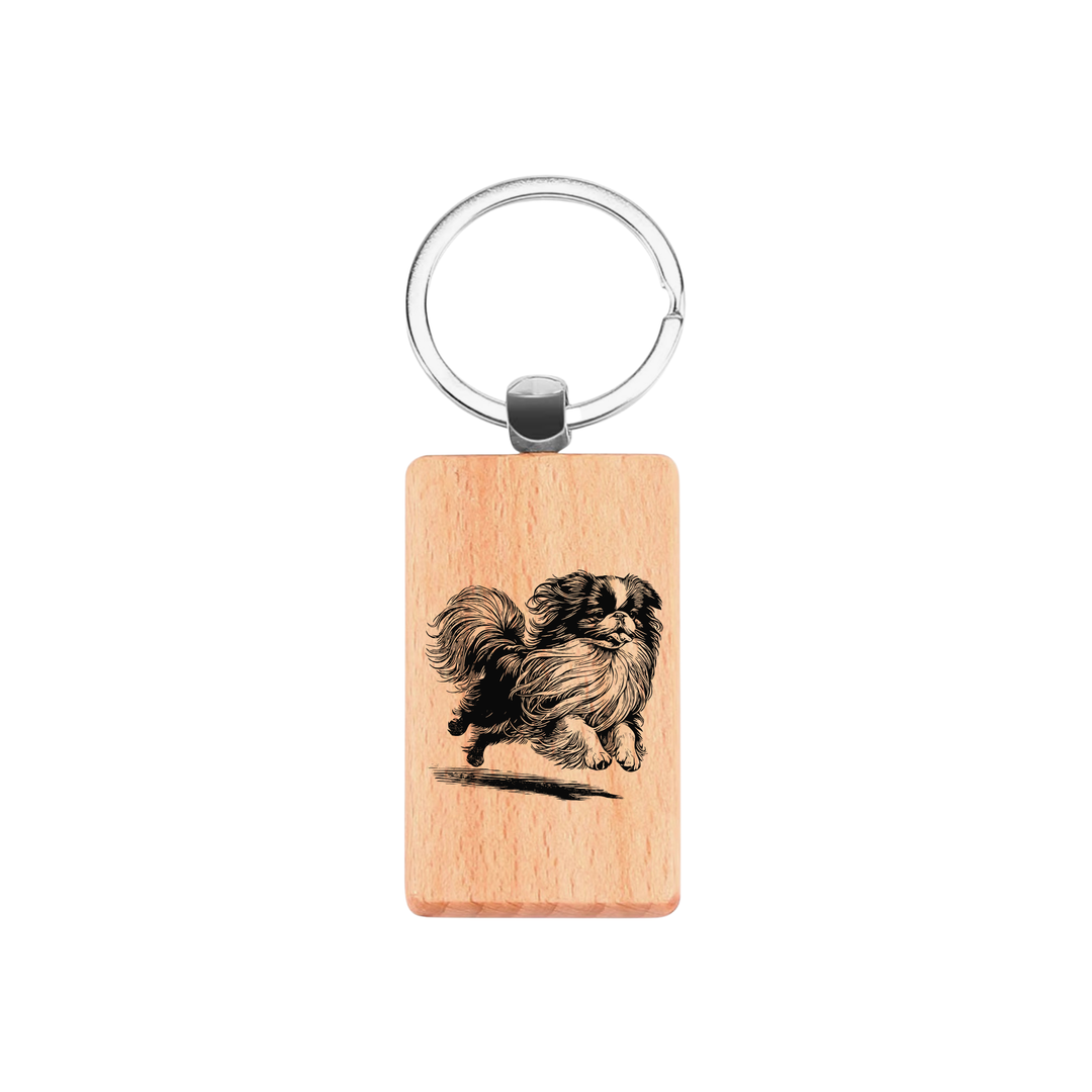 Japanese Chin Running Engraved Rectangle Wooden Keyring