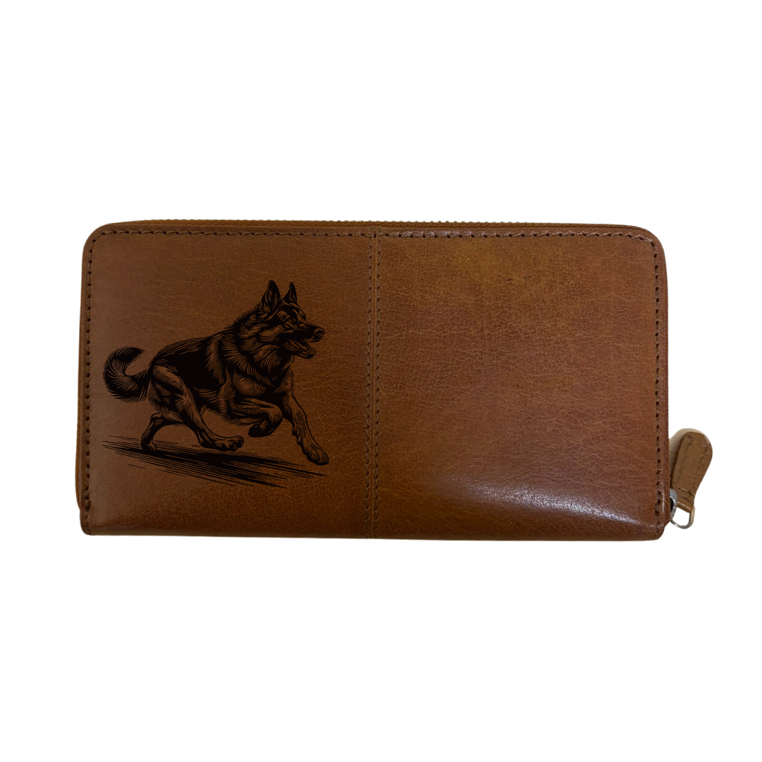 German Shepherd Alsatian Running Engraved Large Leather Purse