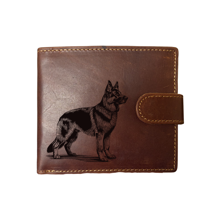 Personalised German Shepherd Alsatian Standing Engraved Dark Tan Genuine Leather Wallet