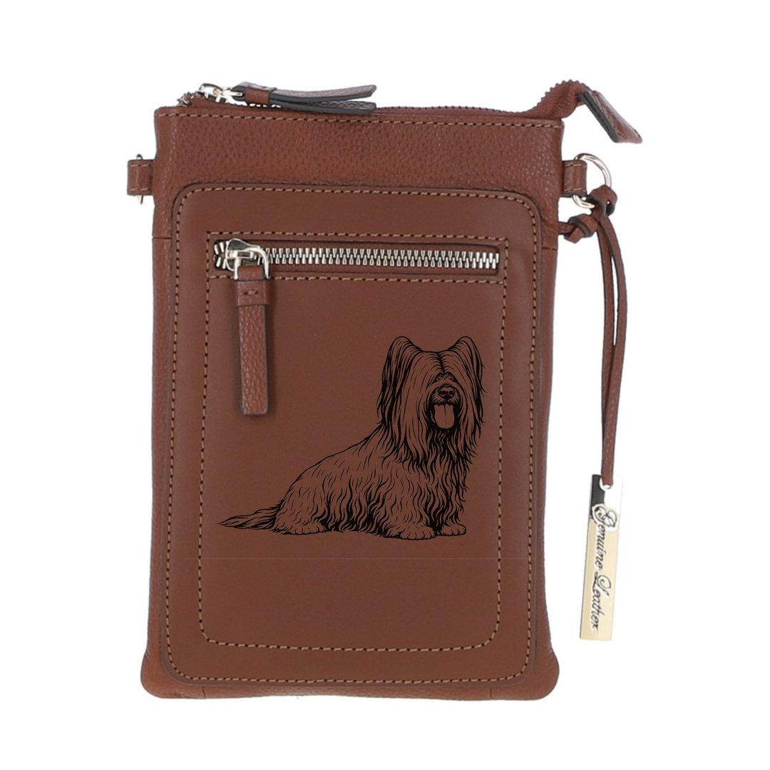 Personalised Skye Terrier Sitting Engraved Leather Crossbody Smart Phone Bag