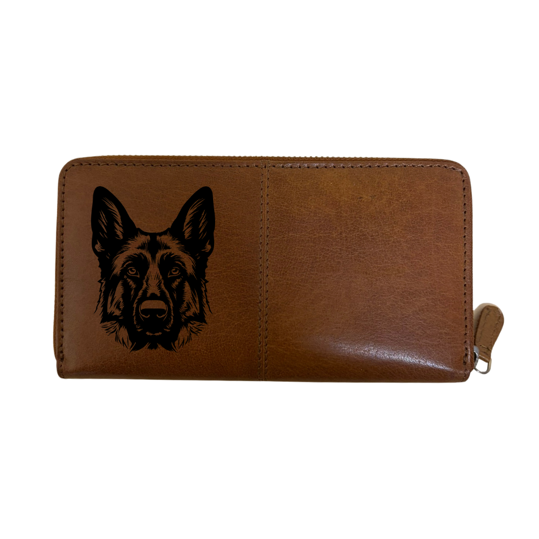 German Shepherd Alsatian D Face Engraved Large Leather Purse