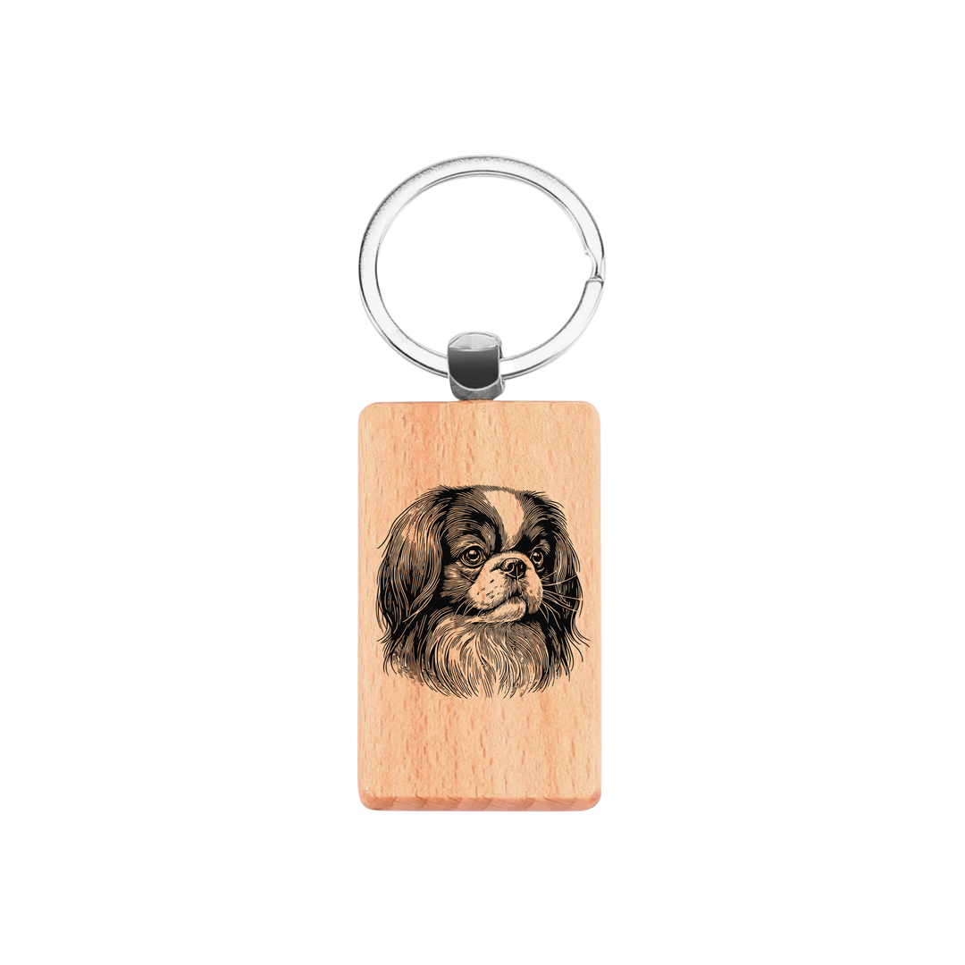 Japanese Chin Face Engraved Rectangle Wooden Keyring