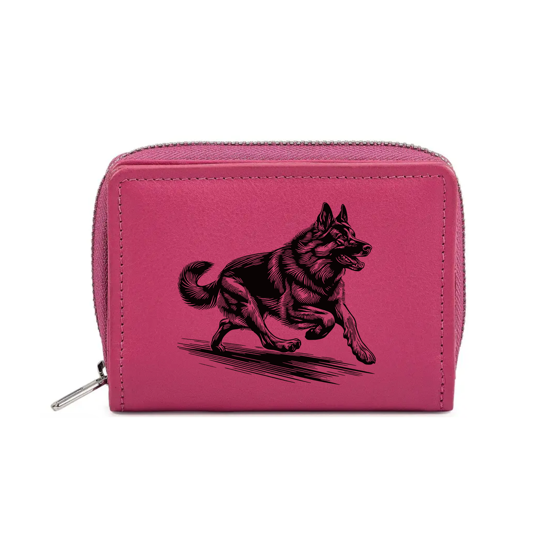 German Shepherd Running Engraved Small Leather Purse (Green/Pink/Blue/Red)