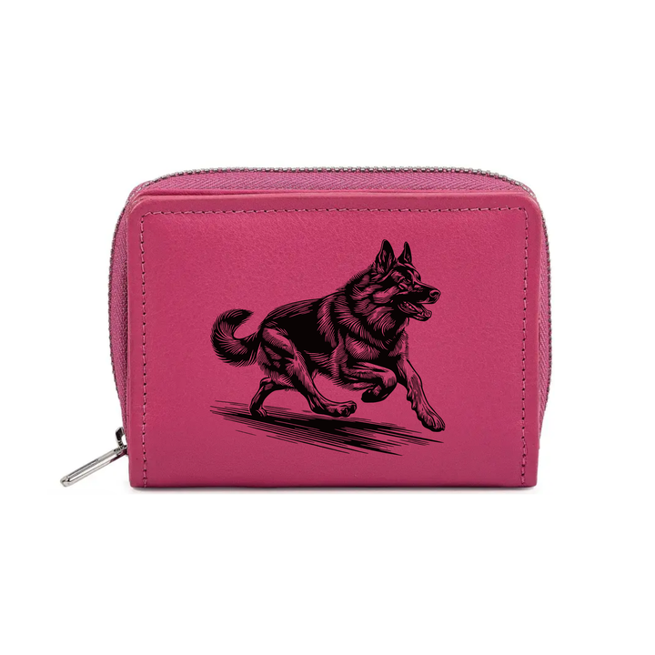 German Shepherd Running Engraved Small Leather Purse (Green/Pink/Blue/Red)