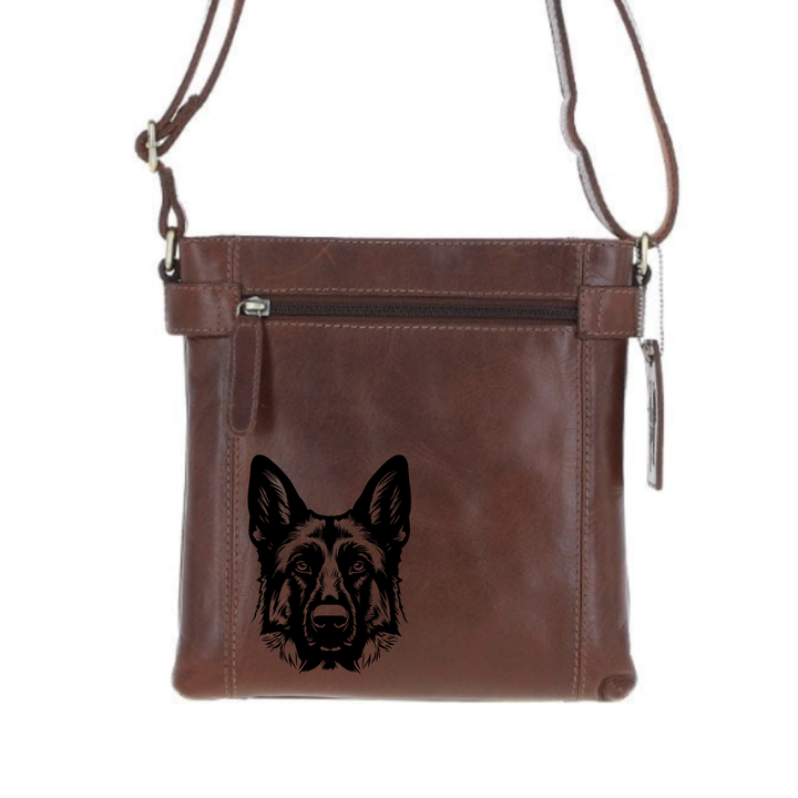 German Shepherd D Face Engraved Leather Two Section Zip Top Crossbody Bag