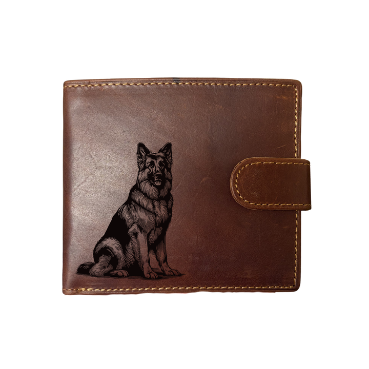 Personalised German Shepherd Alsatian Sitting Engraved Dark Tan Genuine Leather Wallet