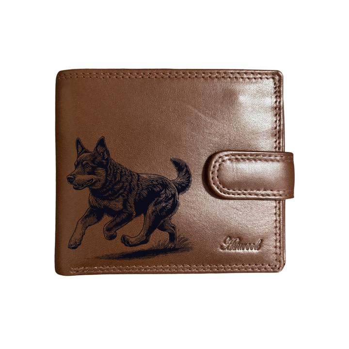 Personalised Lancashire Heeler Running Engraved Dark Tan Genuine Leather Wallet