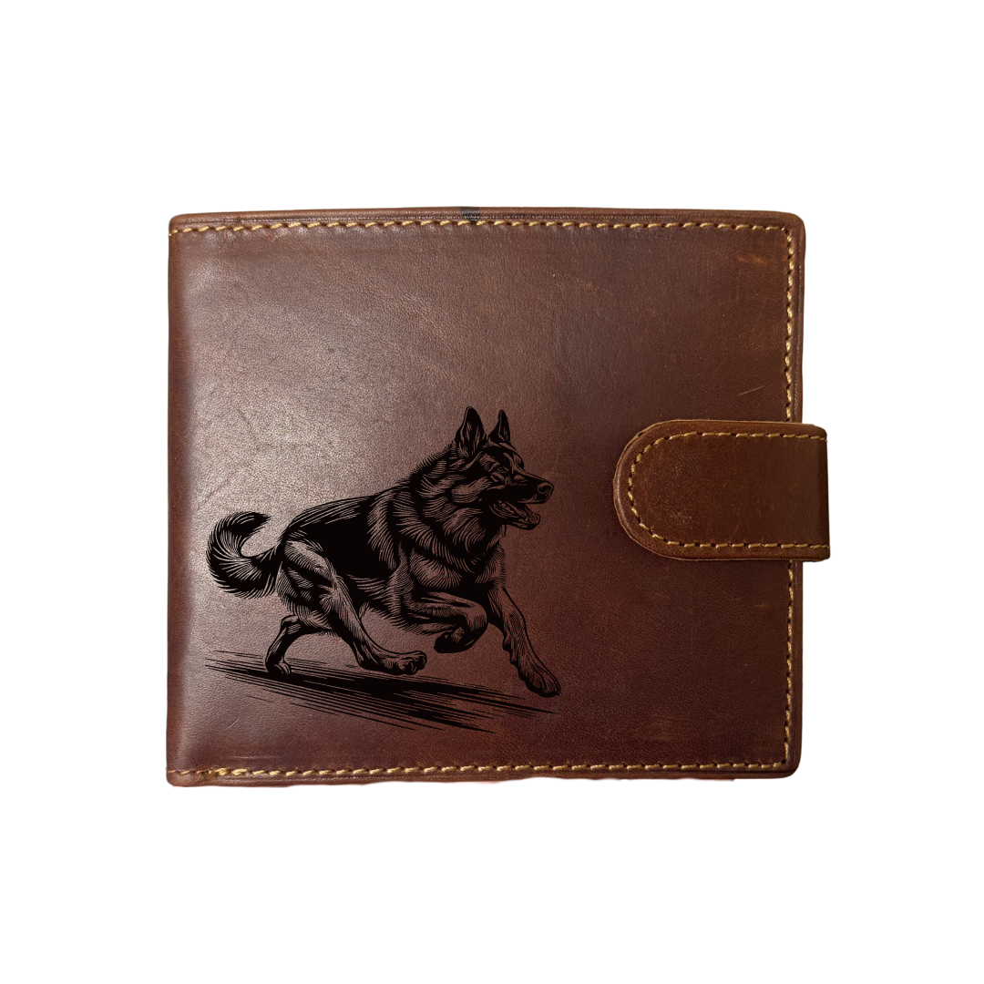 Personalised German Shepherd Alsatian Running Engraved Dark Tan Genuine Leather Wallet