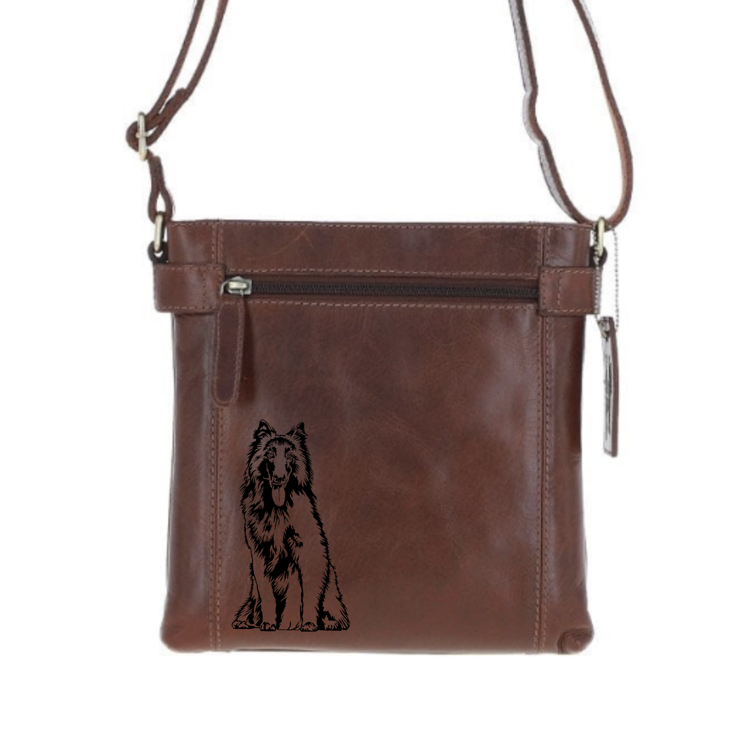 Belgian Shepherd Engraved Leather Two Section Zip Top Crossbody Bag