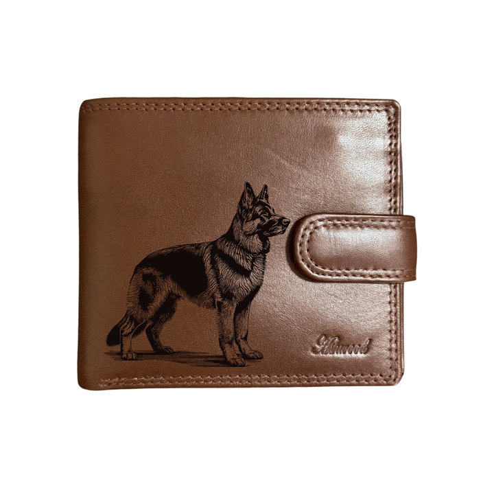 Personalised German Shepherd Alsatian Standing Engraved Dark Tan Genuine Leather Wallet