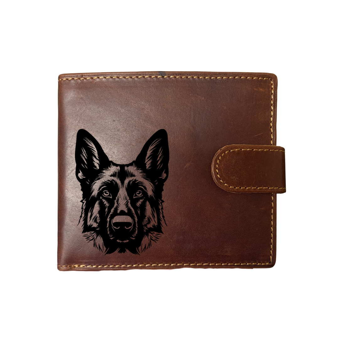 Personalised German Shepherd Alsatian D Face Engraved Dark Tan Genuine Leather Wallet