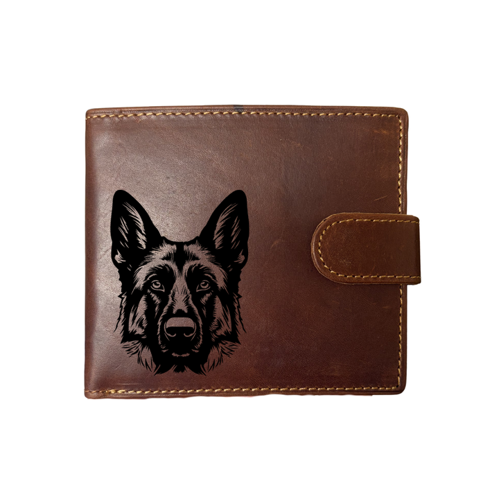 Personalised German Shepherd Alsatian D Face Engraved Dark Tan Genuine Leather Wallet