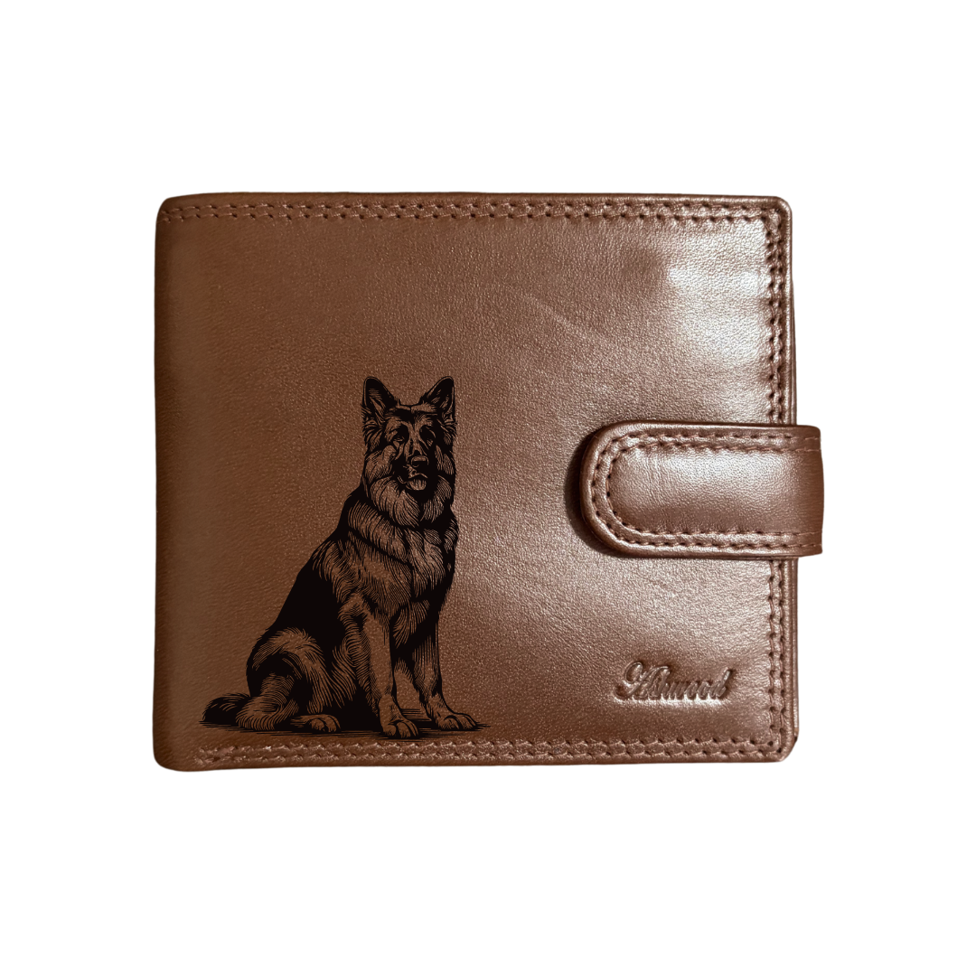 Personalised German Shepherd Alsatian Sitting Engraved Dark Tan Genuine Leather Wallet