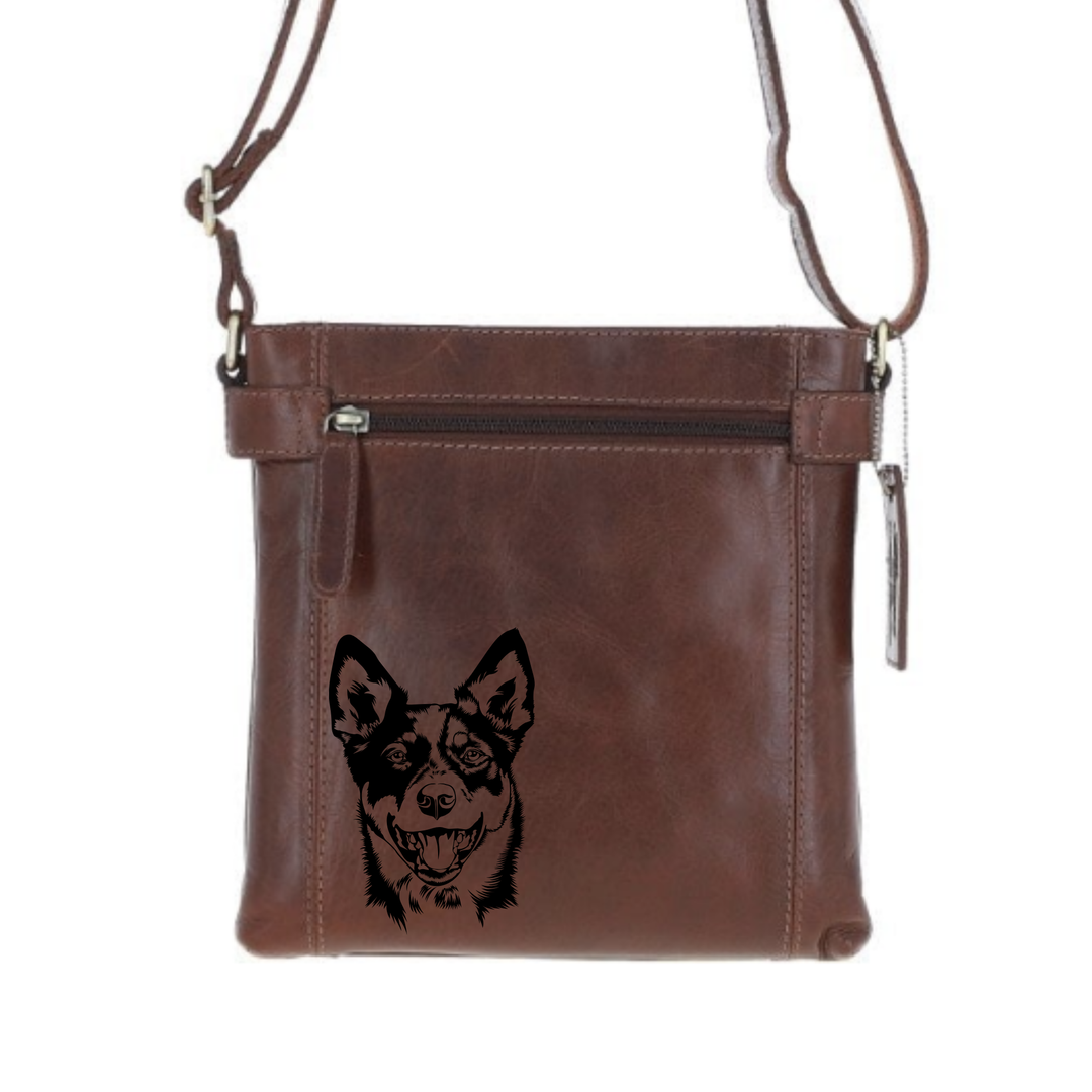Australian Cattle Dog Face Engraved Leather Two Section Zip Top Crossbody Bag