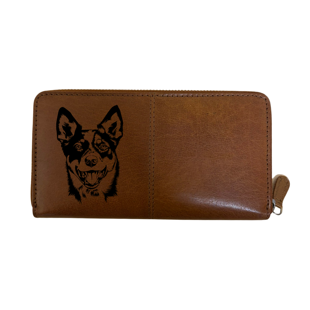 Australian Cattle Dog Face Engraved Large Leather Purse