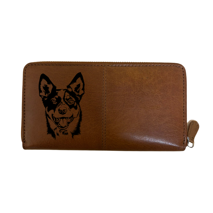 Australian Cattle Dog Face Engraved Large Leather Purse