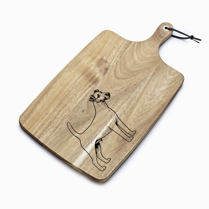 Personalised L Smooth Fox Terrier Standing Engraved Acacia Serving Board