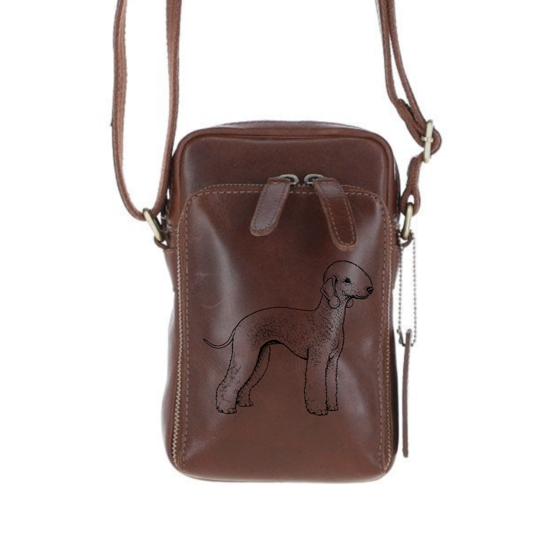Personalised Bedlington Terrier Standing Leather Compact Crossbody Bag