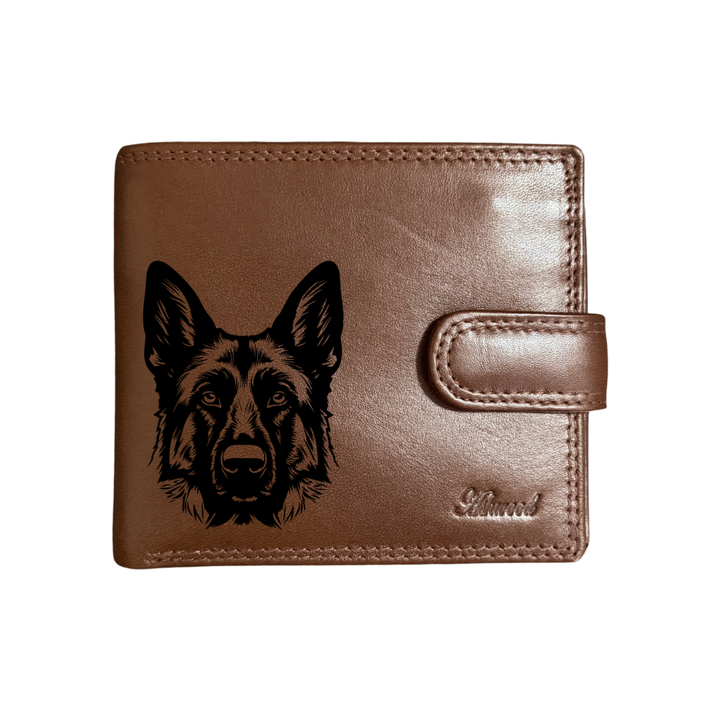 Personalised German Shepherd Alsatian D Face Engraved Dark Tan Genuine Leather Wallet