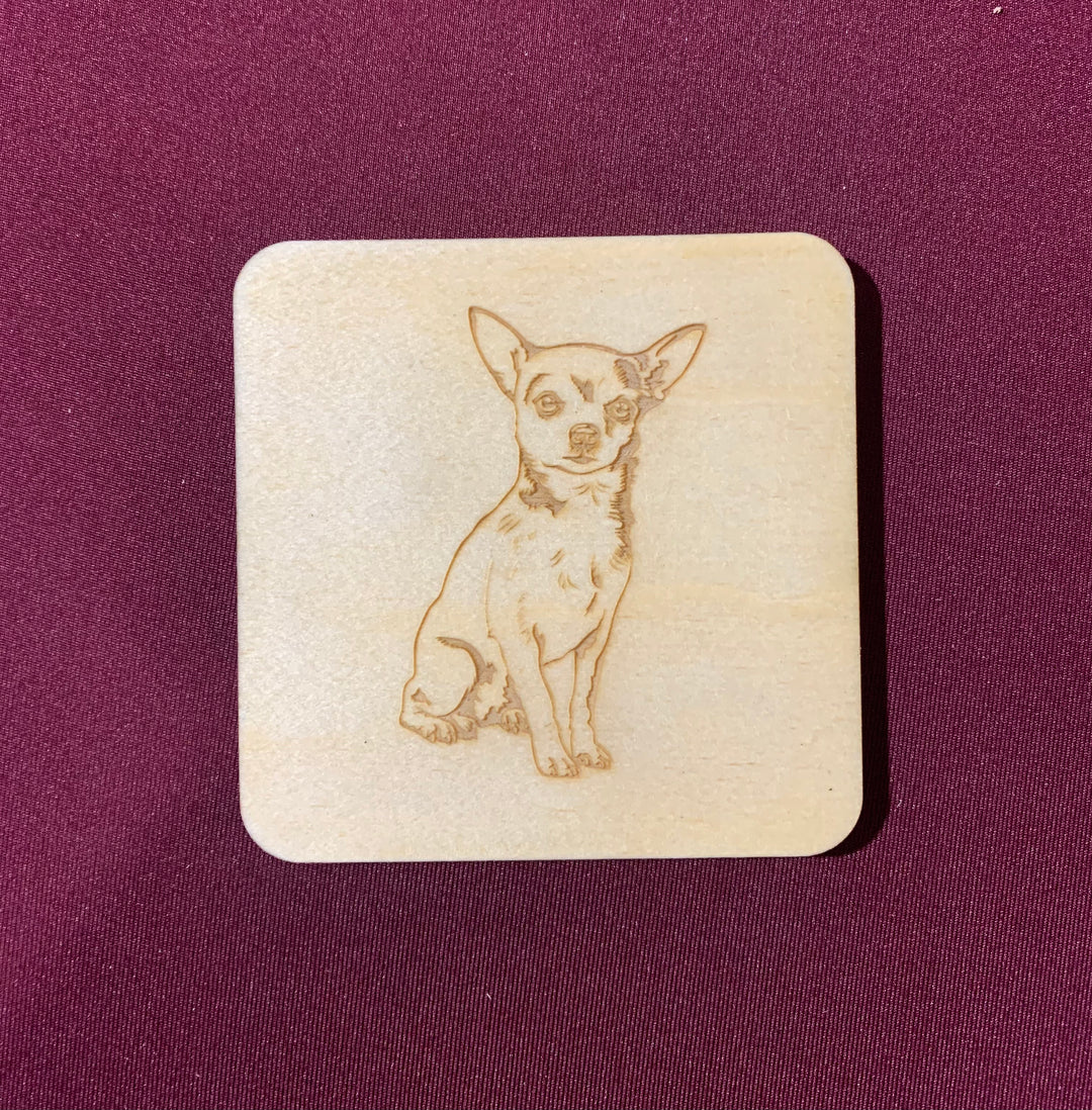 White Chihuahua Illustration Engraved Wooden Coaster