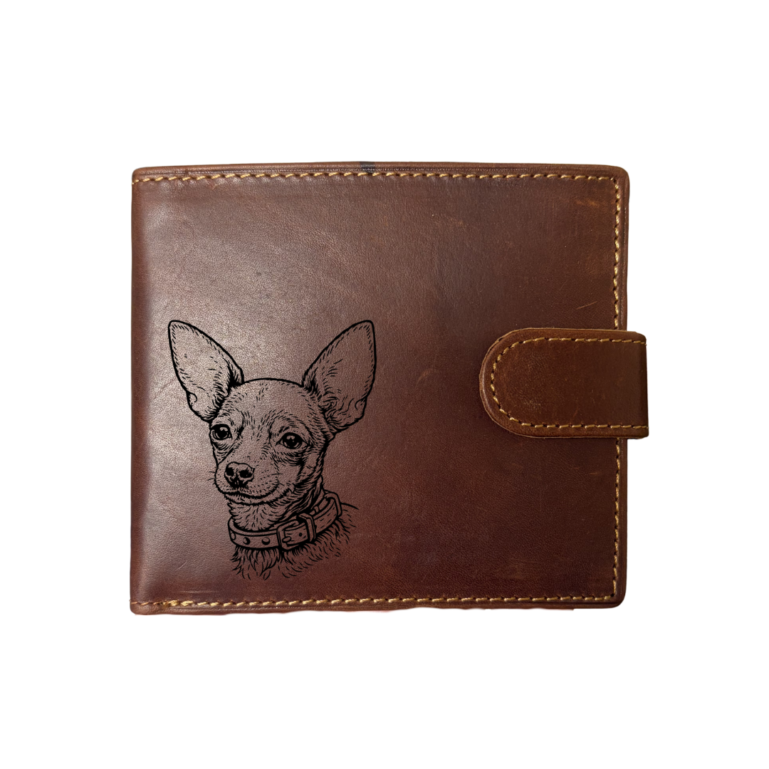 Personalised Smooth Russian Toy Face Engraved Dark Tan Genuine Leather Wallet