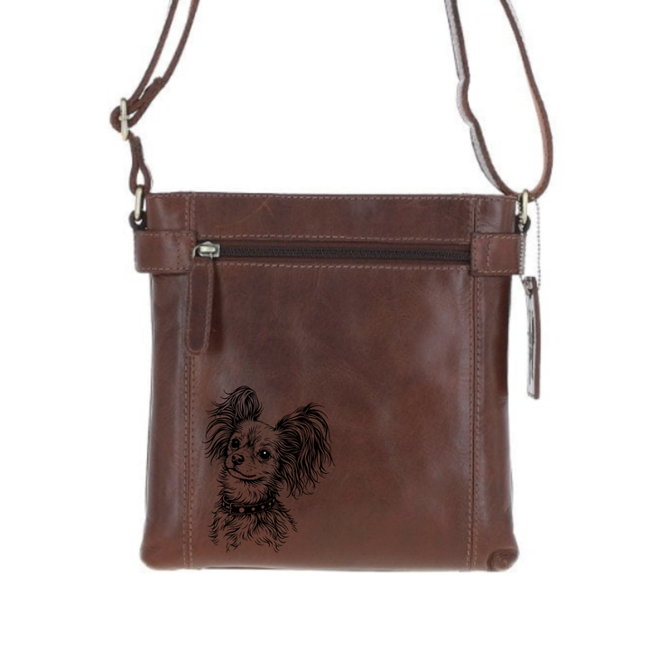 Longhair Russian Toy Face Engraved Leather Two Section Zip Top Crossbody Bag