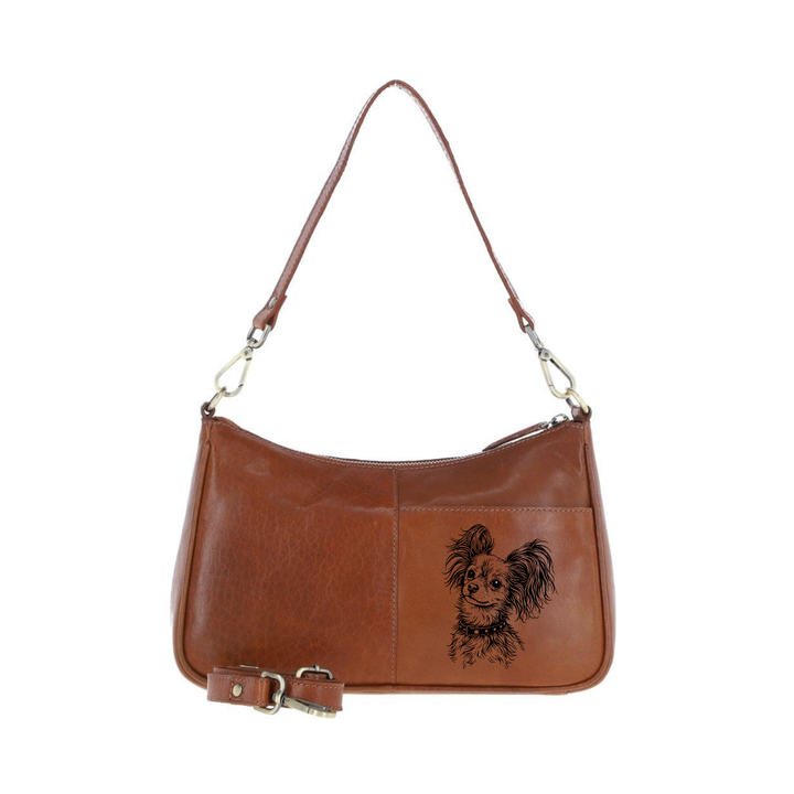 Long Hair Russian Toy Face Engraved Genuine Leather Shoulder Bag