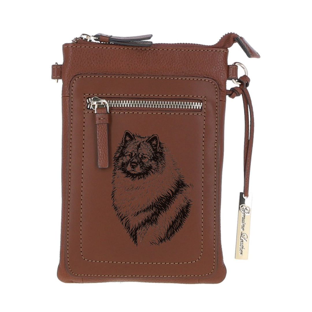 Personalised Keeshond SP Engraved Leather Crossbody Smart Phone Bag