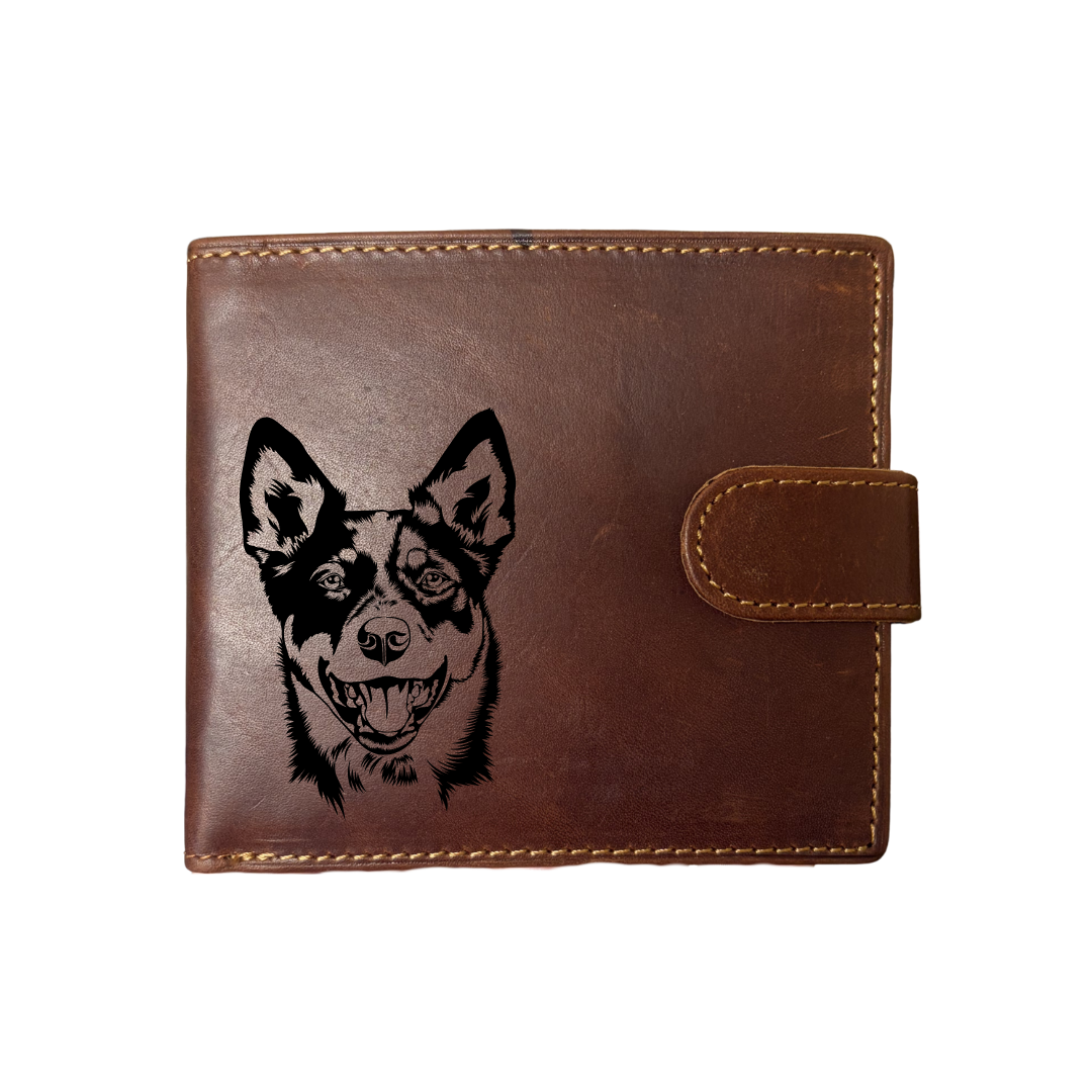 Personalised Australian Cattle Dog Face Engraved Dark Tan Genuine Leather Wallet