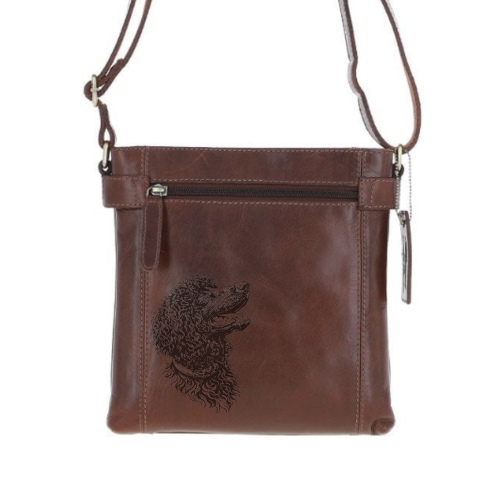 Irish Water Spaniel Face Engraved Leather Two Section Zip Top Crossbody Bag