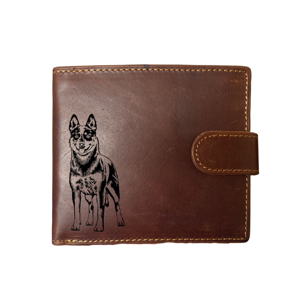 Personalised Australian Cattle Dog Standing Engraved Dark Tan Genuine Leather Wallet